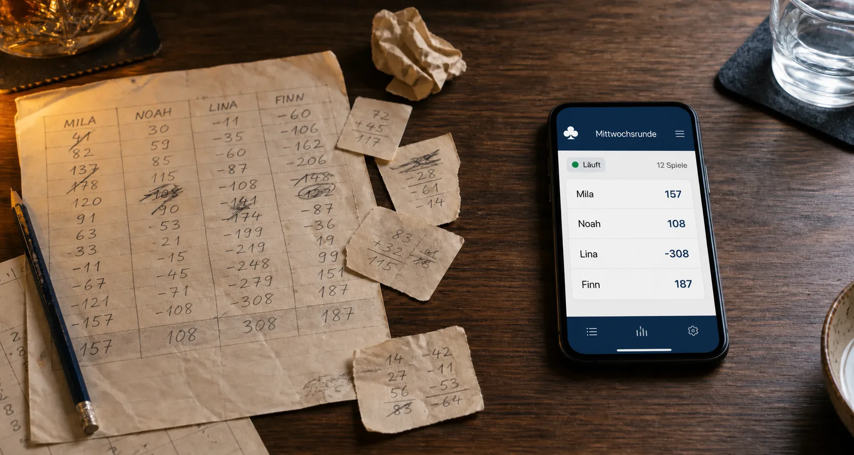Handschriftlicher Doppelkopf-Punktezettel für Mila, Noah, Lina und Finn neben der mobilen Rundenübersicht von Einfach Doppelkopf.